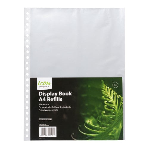 Pack of 10 Icon Refillable Display Book pockets for secure document protection and organized presentation.