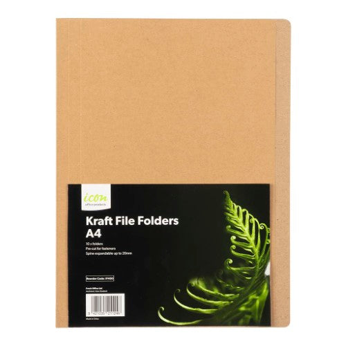 Pack of 10 Icon Kraft File Folders A4 in stylish Kraft color, designed for efficient and elegant document organization.
