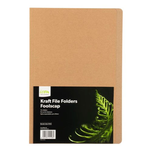 Pack of 10 Icon Kraft File Folders with expandable spine, 2 paper fastener slots, and shorter front cover for easy access.