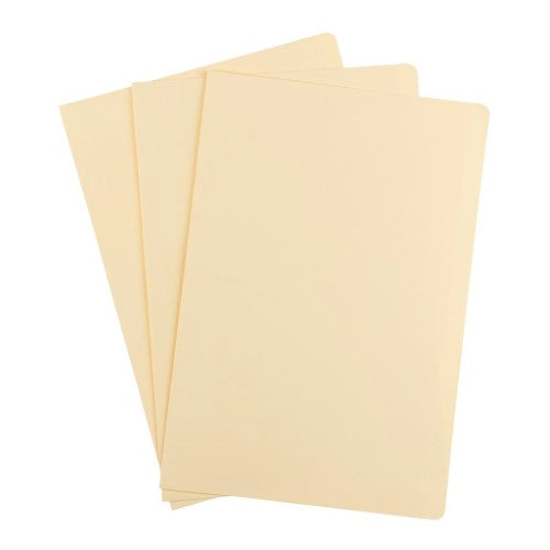 Pack of 50 Icon Manilla A4 file folders in buff color, featuring a shorter front cover and expandable spine for easy organization.