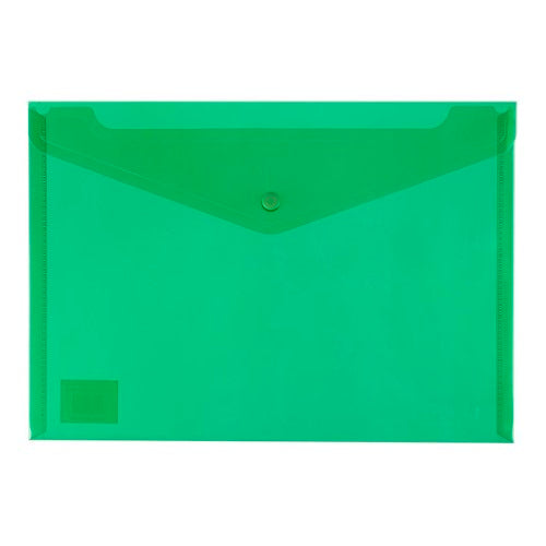 Green A4 document wallet with button closure, holds up to 150 sheets, perfect for organizing papers at home or school.