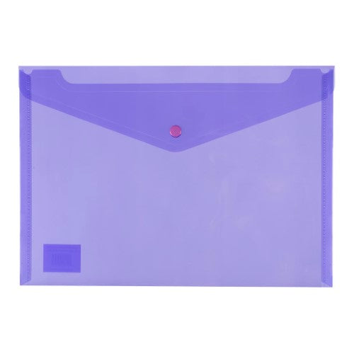 Purple A4 document wallet with button closure, holds up to 150 sheets, perfect for organizing papers at school or office.
