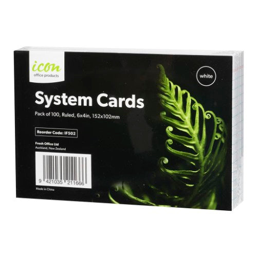 Pack of 100 ruled 6x4 inch white cards with red border for organizing notes and tasks, made of durable 185gsm paper.