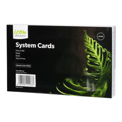 Pack of 100 white ruled system cards, 8x5 inches, perfect for notes, projects, flashcards, and cue cards with red border.