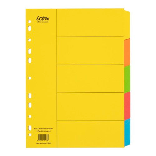 Vibrant A4 cardboard dividers with 5 blank tabs, perfect for organizing documents in offices and schools.