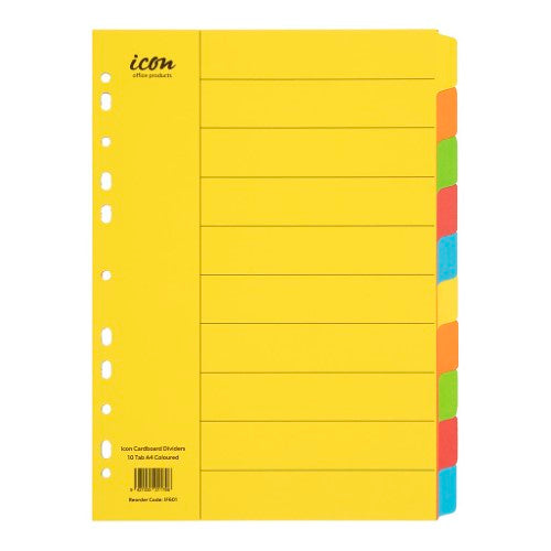 Colorful A4 cardboard dividers with 10 customizable tabs, ideal for organizing documents in binders.