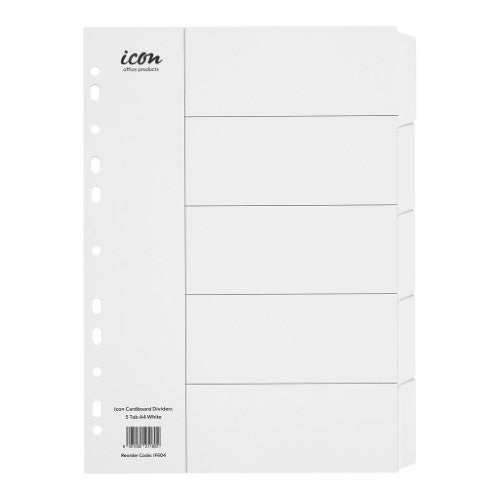 White cardboard dividers with 5 blank tabs, designed for A4 documents, perfect for organizing files in offices and schools.