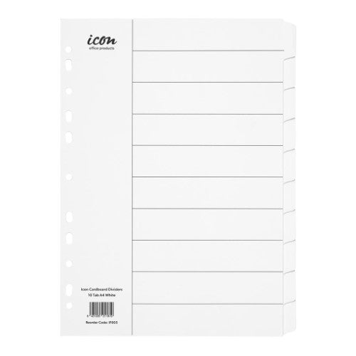 White cardboard dividers with 10 customizable tabs, ideal for organizing documents in offices or study areas.