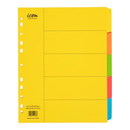 Extra wide A4 cardboard dividers with 5 customizable tabs in assorted colors for efficient document organization.
