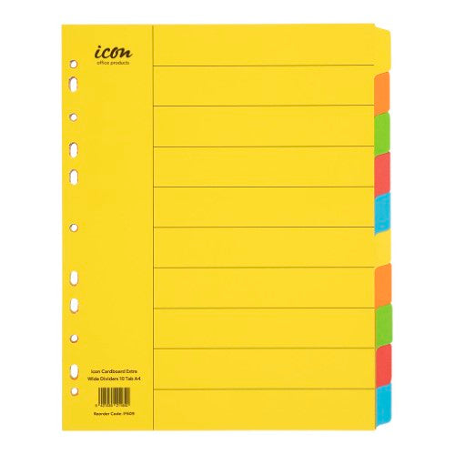 Extra wide, 10-tab cardboard dividers in vibrant colors for organized documents and easy project access.