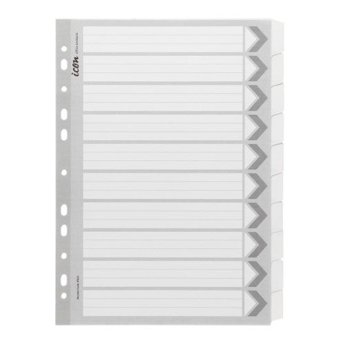 Icon Cardboard Dividers with 10 reinforced white tabs for durable organization and easy access in A4 binders.