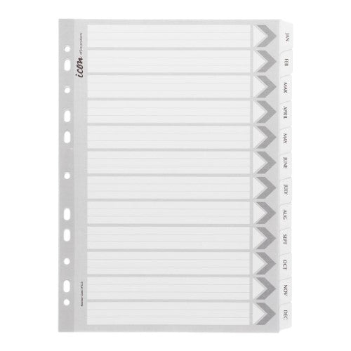 Icon Cardboard Indices with reinforced tabs for organizing documents, featuring Jan-Dec tabs and a professional black and white design.