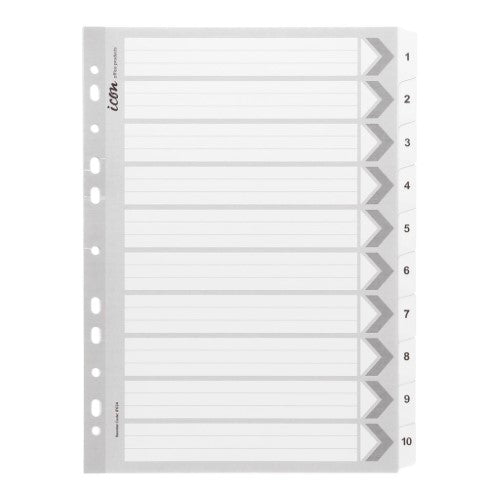 White cardboard index dividers with reinforced tabs 1-10 for efficient document organization and easy access.
