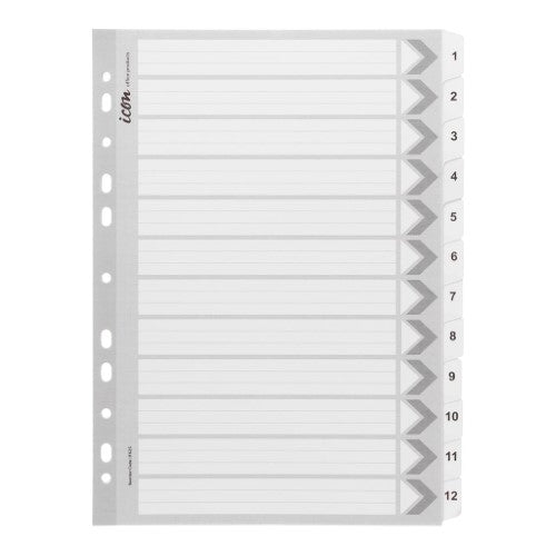 Heavy-duty white cardboard indices 1-12 with reinforced plastic tabs for A4 binders, ideal for organizing documents.