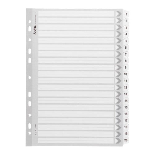Durable white cardboard indices with reinforced tabs 1-20, perfect for organizing documents in ring binders.