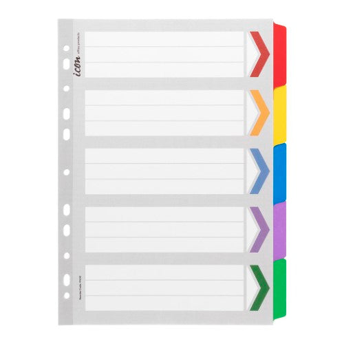 Durable cardboard dividers with 5 reinforced tabs in vibrant colors for easy document organization and color coding.