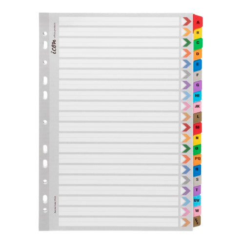 Durable A-Z cardboard indices with reinforced tabs in assorted colors for efficient document organization.
