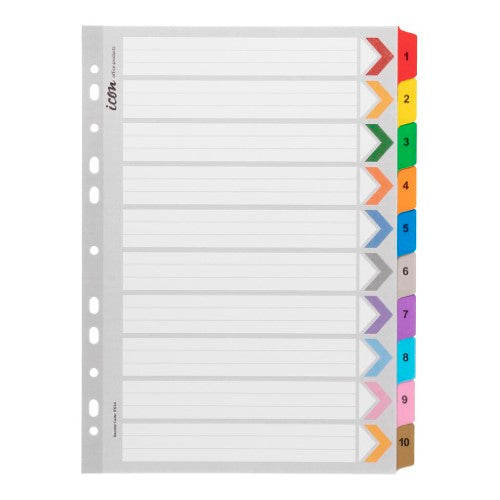 Icon Cardboard Indices 1-10 with reinforced tabs for organizing documents in vibrant, durable colors for A4 binders.