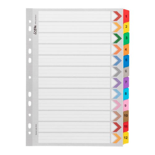 Durable cardboard indices with reinforced tabs 1-12, perfect for organizing projects with vibrant colors and A4 compatibility.