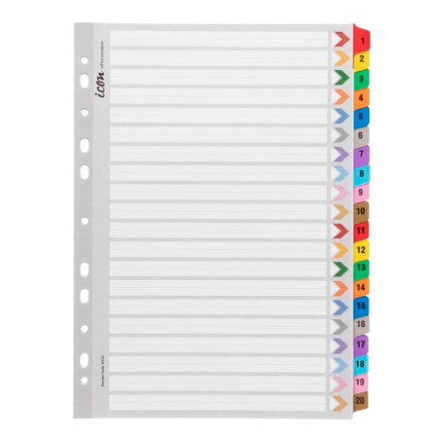 Coloured cardboard indices 1-20 with reinforced tabs for organizing documents in A4 binders, includes contents page.