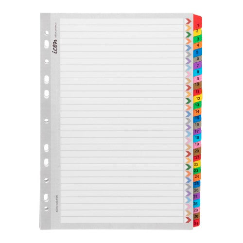 Colorful A4 cardboard indices with reinforced tabs 1-31 for efficient organization and filing in ring binders.