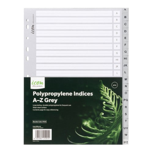 A4 grey polypropylene indices with A-Z tabs and contents page for efficient document organization in offices and classrooms.