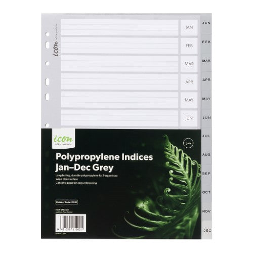 Grey polypropylene indices with Jan-Dec tabs, multi-punched for ring binders, ideal for efficient document organization.