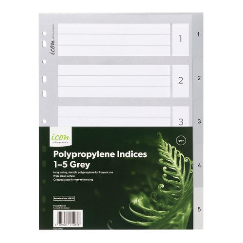 A4 grey polypropylene indices with numerical tabs 1-5 for organizing documents in ring binders, includes contents page.