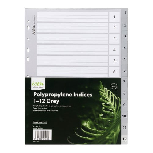 Grey polypropylene indices 1-12 with multi-punched holes for ring binders, ideal for document organization in A4 size.