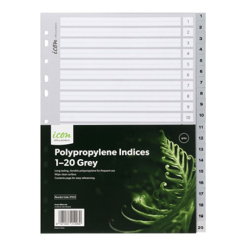 Grey polypropylene index dividers with numbered tabs 1-20, ideal for organizing documents in binders.