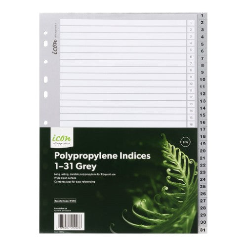 Grey polypropylene organizational indices 1-31, multi-punched for A4 binders, with durable design and separate contents page.