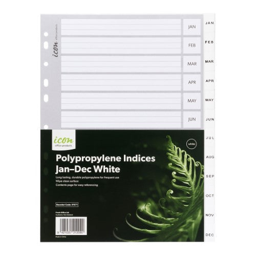 Durable A4 polypropylene indices with Jan-Dec tabs, designed for efficient document organization in offices and schools.