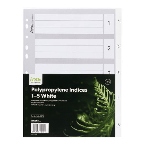 White A4 polypropylene indices with 1-5 tabs and contents page for organized document management.