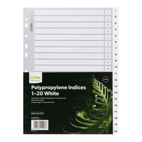 White polypropylene indices 1-20 with multi-punched holes for easy document organization in binders.
