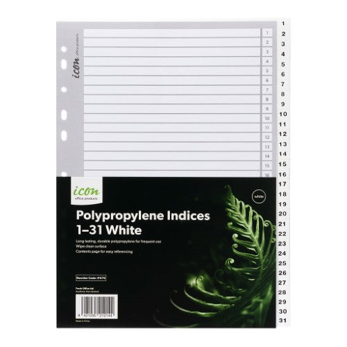 White polypropylene indices 1-31 for organizing documents, multi-punched for ring binders, ideal for offices and students.