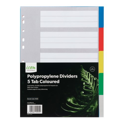 Colorful polypropylene dividers with 5 tabs for organizing documents, compatible with all ring binders.