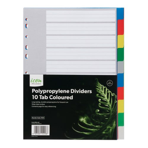 Colorful lightweight polypropylene dividers with 10 tabs for easy organization in A4 ring binders.