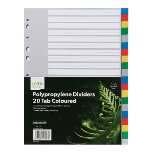 Colorful Icon PP Dividers with 20 customizable tabs, ideal for organizing documents in binders.