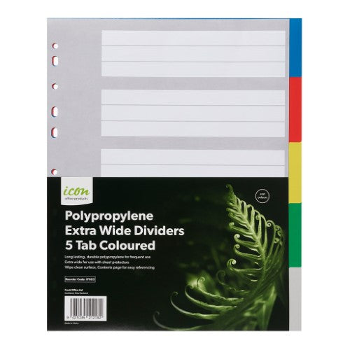 Extra wide polypropylene dividers with 5 blank tabs in assorted colors for easy document organization.