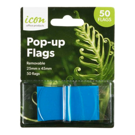Blue Icon Pop-up Flags in a dispenser, perfect for note-taking and marking important documents. Pack of 50 reusable flags.