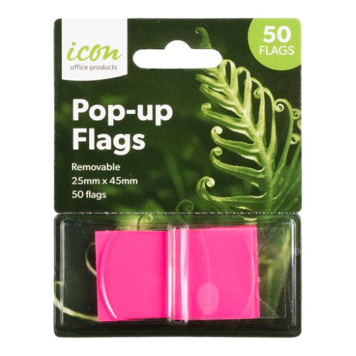 Bright pink pop-up flags in a dispenser, perfect for organizing notes and marking important information, pack of 50.