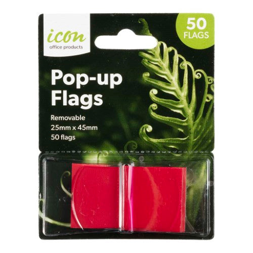 Vibrant self-adhesive red pop-up flags for marking important notes, 25x45mm, 50 flags per pack, easy to reposition.
