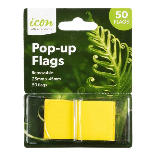Vibrant yellow pop-up flags in a dispenser, ideal for marking and highlighting important information.