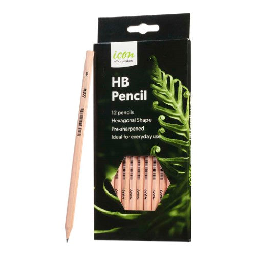 Pack of 12 Icon HB hexagonal natural wood pencils, pre-sharpened, ideal for writing, drawing, and drafting.