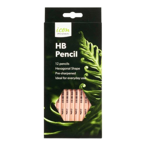 Pack of 12 Icon HB hexagonal pencils made from natural wood, perfect for writing, drawing, and drafting.
