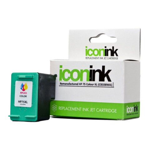 Icon Remanufactured HP 75 Colour XL Ink Cartridge, vibrant colors, 170-page yield, easy installation for HP printers.