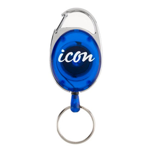 Pack of 50 blue retractable key and ID card holders with 60cm nylon cord and snap lock mechanism for easy access.