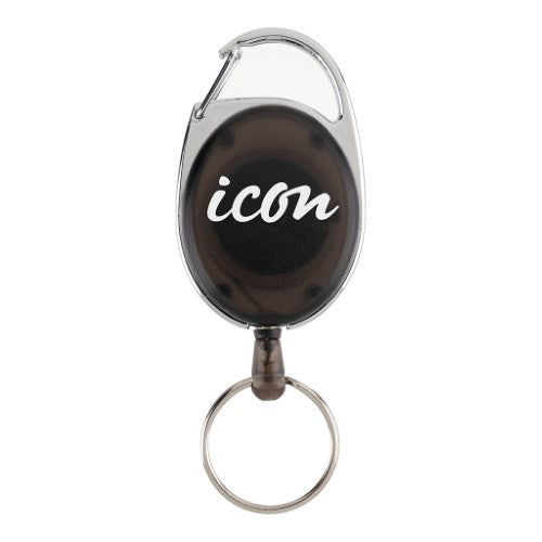 Pack of 50 charcoal retractable key and ID card holders with 25mm key ring and 60cm nylon cord for easy access.