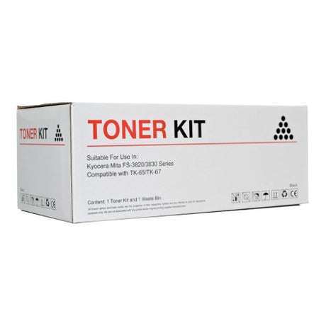 Icon Compatible Kyocera TK65 TK67 Black Toner Cartridge for high-quality prints, up to 20,000 pages, compatible with FS3830N.