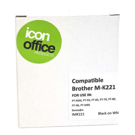 Icon Compatible Brother MK Tape 9mm Black on White, durable labels for organizing, compatible with Brother P-Touch machines.